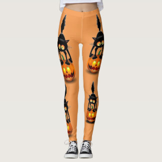 Cat Halloween Scared Cartoon on Pumpkin Leggings