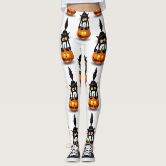 Cat Halloween Scared Cartoon on Pumpkin Leggings