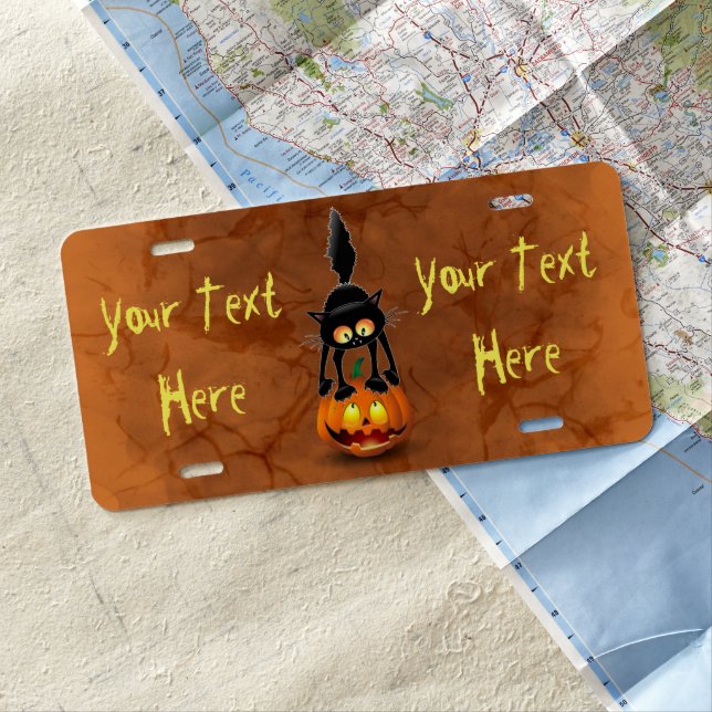 Cat Halloween Scared Cartoon on Pumpkin License Plate (In Situ)