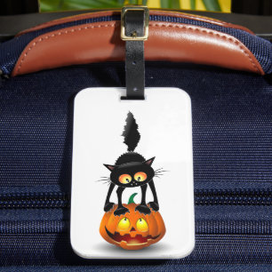 Cat Halloween Scared Cartoon on Pumpkin Luggage Tag