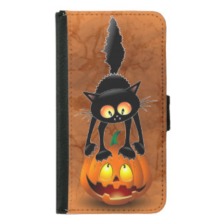 Cat Halloween Scared Cartoon on Pumpkin Mini Baske Samsung Galaxy S5 Wallet Case