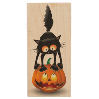 Cat Halloween Scared Cartoon on Pumpkin Mini Baske Wood Flash Drive