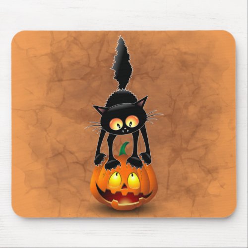 Cat Halloween Scared Cartoon on Pumpkin Mouse Pad