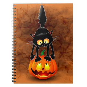 Cat Halloween Scared Cartoon on Pumpkin Notebook
