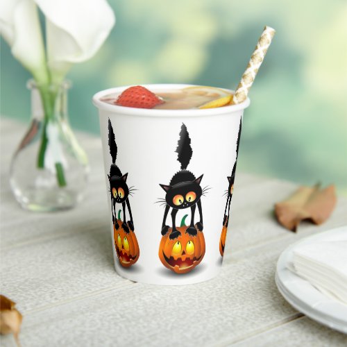 Cat Halloween Scared Cartoon on Pumpkin Paper Cups