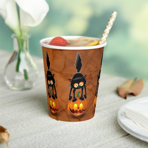 Cat Halloween Scared Cartoon on Pumpkin Paper Cups