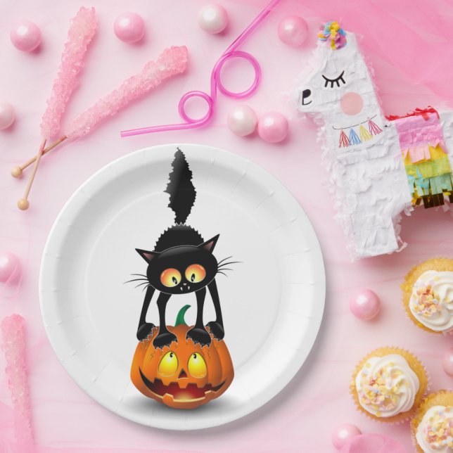 Cat Halloween Scared Cartoon on Pumpkin Paper Plates (Party)