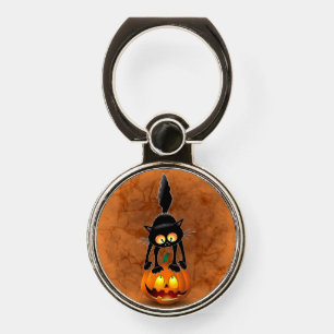 Cat Halloween Scared Cartoon on Pumpkin Phone Ring Stand