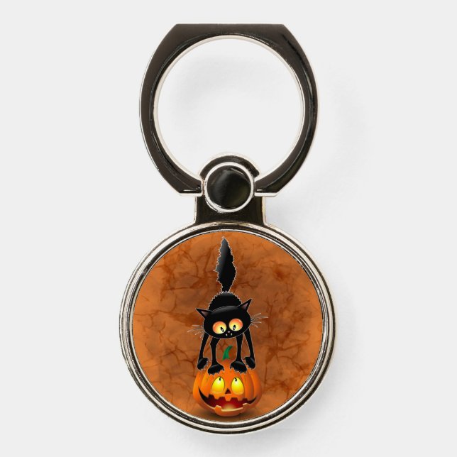Cat Halloween Scared Cartoon on Pumpkin Phone Ring Stand (Front)