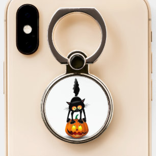 Cat Halloween Scared Cartoon on Pumpkin Phone Ring Stand