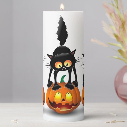 Cat Halloween Scared Cartoon on Pumpkin Pillar Candle