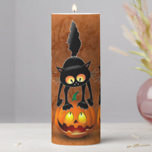 Cat Halloween Scared Cartoon on Pumpkin Pillar Candle