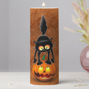 Cat Halloween Scared Cartoon on Pumpkin Pillar Candle
