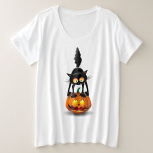 Cat Halloween Scared Cartoon on Pumpkin Plus Size T-Shirt