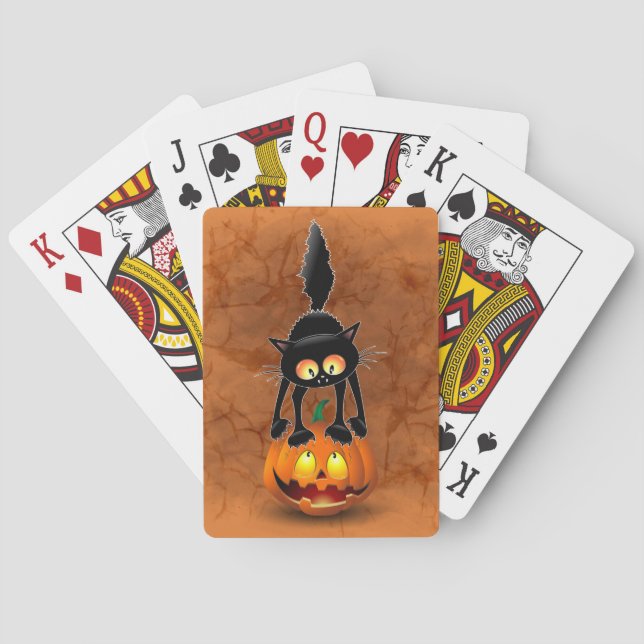 Cat Halloween Scared Cartoon on Pumpkin Poker Cards (Back)