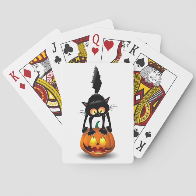 Cat Halloween Scared Cartoon on Pumpkin Poker Cards (Back)