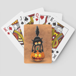 Cat Halloween Scared Cartoon on Pumpkin Poker Cards