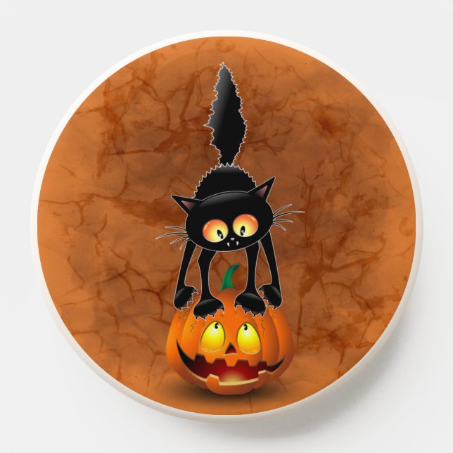 Cat Halloween Scared Cartoon on Pumpkin PopSocket (Popsocket)