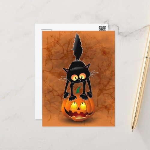 Cat Halloween Scared Cartoon on Pumpkin Postcard