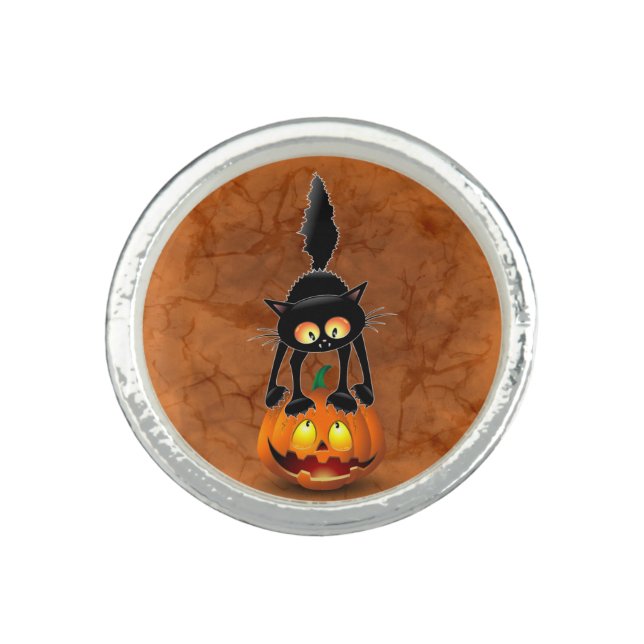 Cat Halloween Scared Cartoon on Pumpkin Ring (Front)