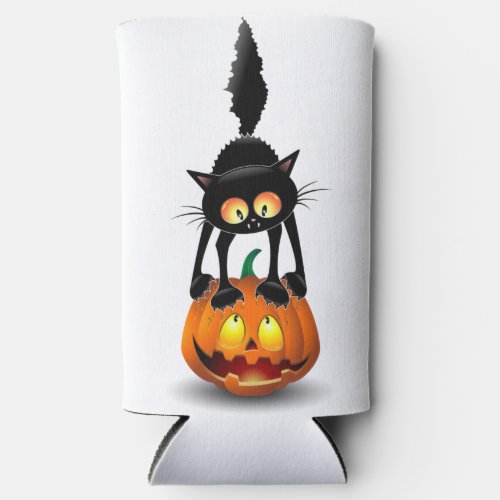 Cat Halloween Scared Cartoon on Pumpkin Seltzer Can Cooler