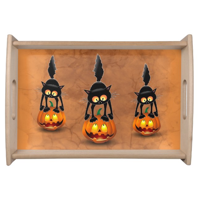 Cat Halloween Scared Cartoon on Pumpkin Serving Tray (Front)