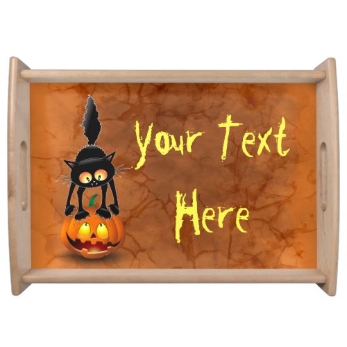 Cat Halloween Scared Cartoon on Pumpkin Serving Tray