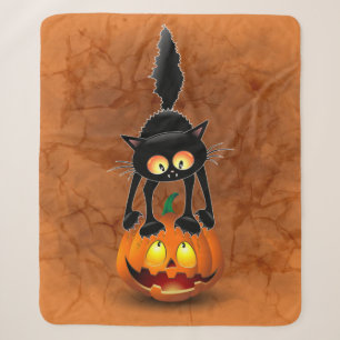 Cat Halloween Scared Cartoon on Pumpkin Sherpa Blanket
