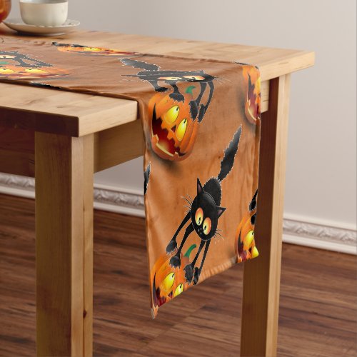 Cat Halloween Scared Cartoon on Pumpkin Short Table Runner