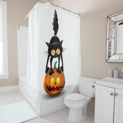 Cat Halloween Scared Cartoon on Pumpkin Shower Curtain