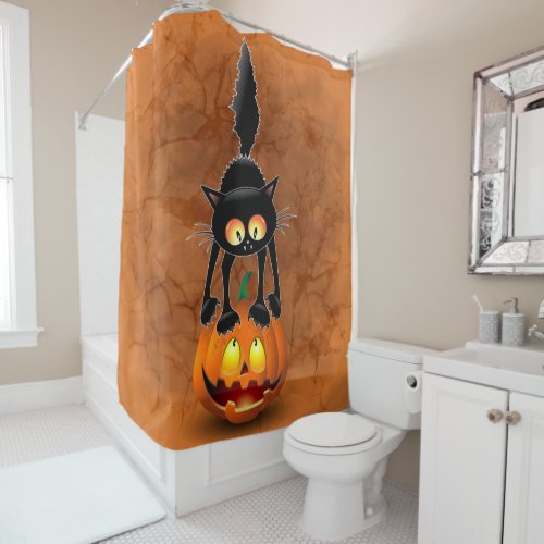 Cat Halloween Scared Cartoon on Pumpkin Shower Curtain