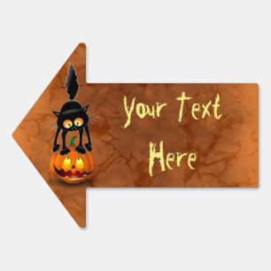 Cat Halloween Scared Cartoon on Pumpkin Sign