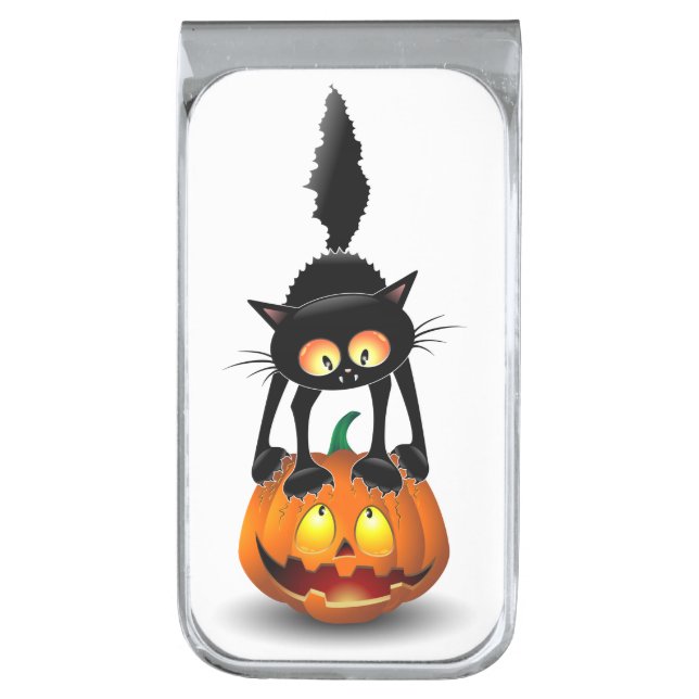 Cat Halloween Scared Cartoon on Pumpkin Silver Finish Money Clip (Front Vertical)