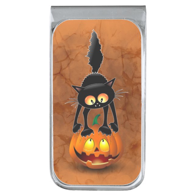Cat Halloween Scared Cartoon on Pumpkin Silver Finish Money Clip (Front Vertical)