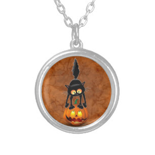 Cat Halloween Scared Cartoon on Pumpkin Silver Plated Necklace