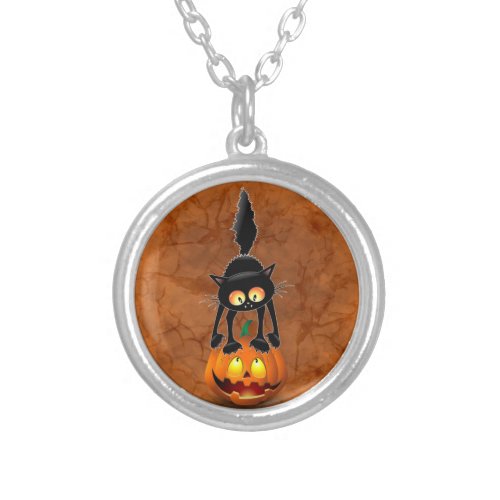 Cat Halloween Scared Cartoon on Pumpkin Silver Plated Necklace