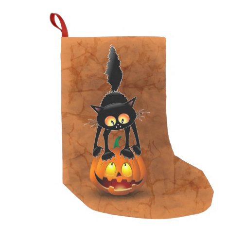 Cat Halloween Scared Cartoon on Pumpkin Small Christmas Stocking