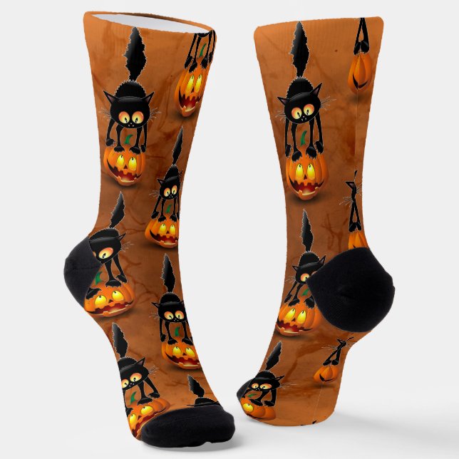 Cat Halloween Scared Cartoon on Pumpkin Socks (Angled)