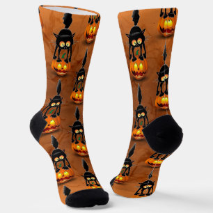 Cat Halloween Scared Cartoon on Pumpkin Socks