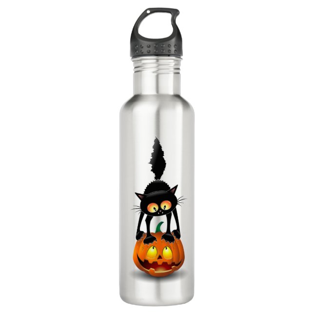 Cat Halloween Scared Cartoon on Pumpkin Stainless Steel Water Bottle (Front)