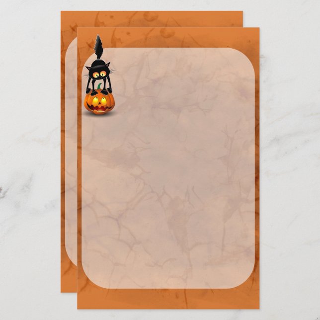 Cat Halloween Scared Cartoon on Pumpkin Stationery (Front/Back)