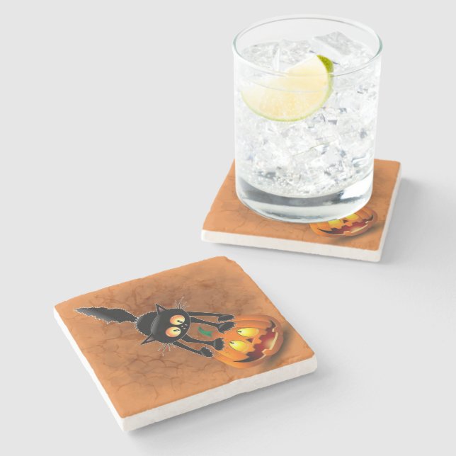 Cat Halloween Scared Cartoon on Pumpkin Stone Coaster (Side)