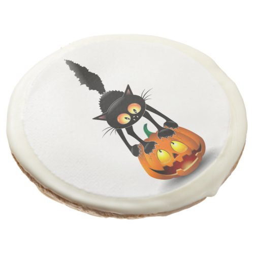 Cat Halloween Scared Cartoon on Pumpkin Sugar Cookie