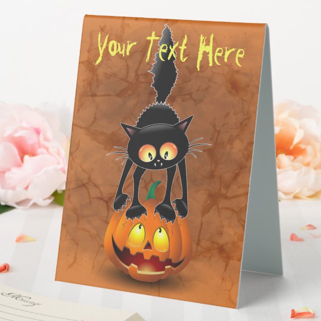 Cat Halloween Scared Cartoon on Pumpkin Table Tent (In SItu (Wedding))