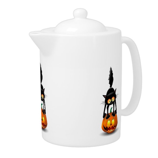 Cat Halloween Scared Cartoon on Pumpkin Teapot (Right)