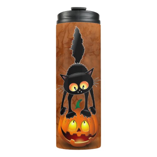 Cat Halloween Scared Cartoon on Pumpkin Thermal Tumbler