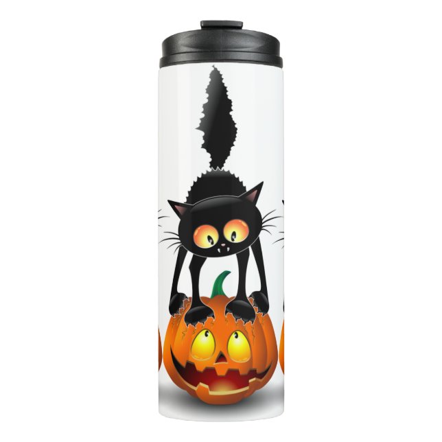 Cat Halloween Scared Cartoon on Pumpkin Thermal Tumbler (Front)