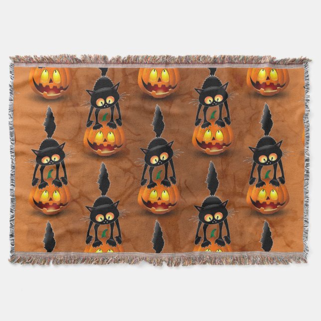 Cat Halloween Scared Cartoon on Pumpkin Throw Blanket (Front)