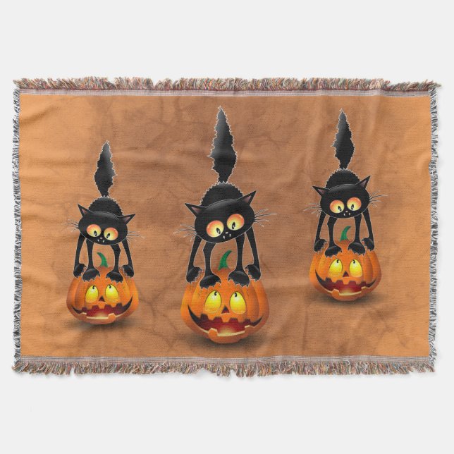 Cat Halloween Scared Cartoon on Pumpkin Throw Blanket (Front)