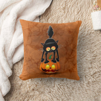 Cat Halloween Scared Cartoon on Pumpkin Throw Pillow